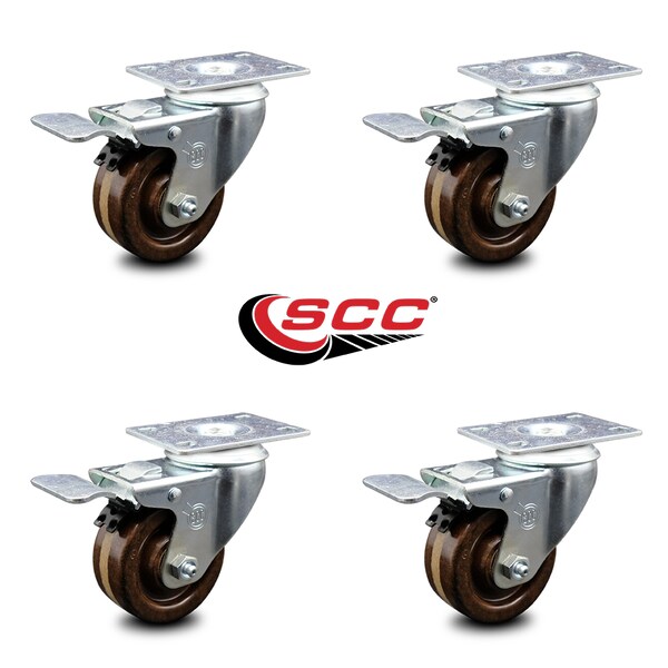 3 Inch High Temp Phenolic Swivel Top Plate Caster Set with Total Lock Brake SCC